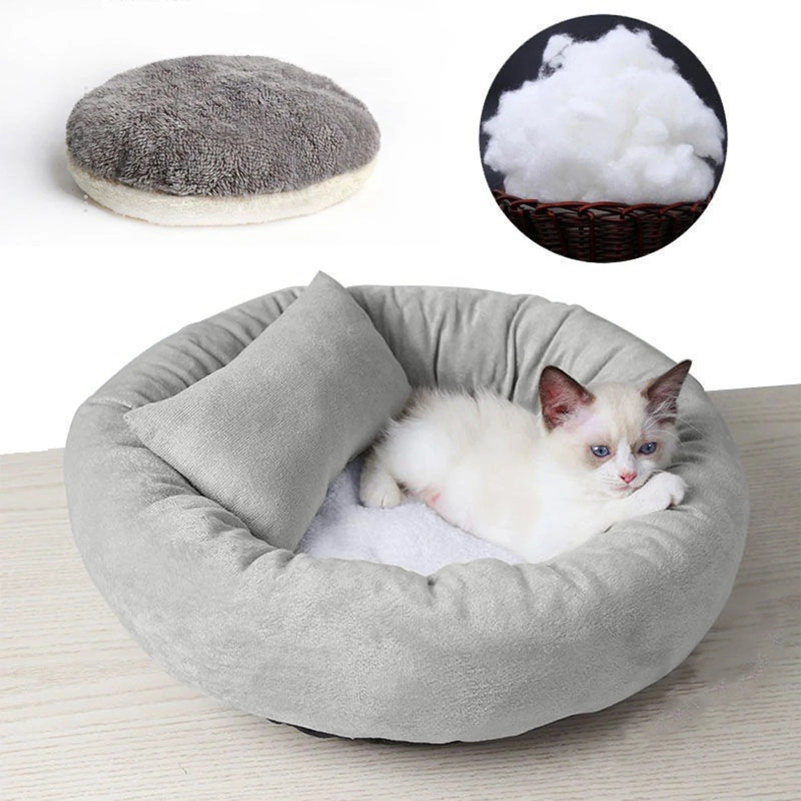 Calming Plush Pet Bed with Pillow for Small to Medium Dogs and Cats, Round Cozy Cuddler Bed, Washable Thickened Kennel Mat for Puppy Sleeping, Size S 40CM