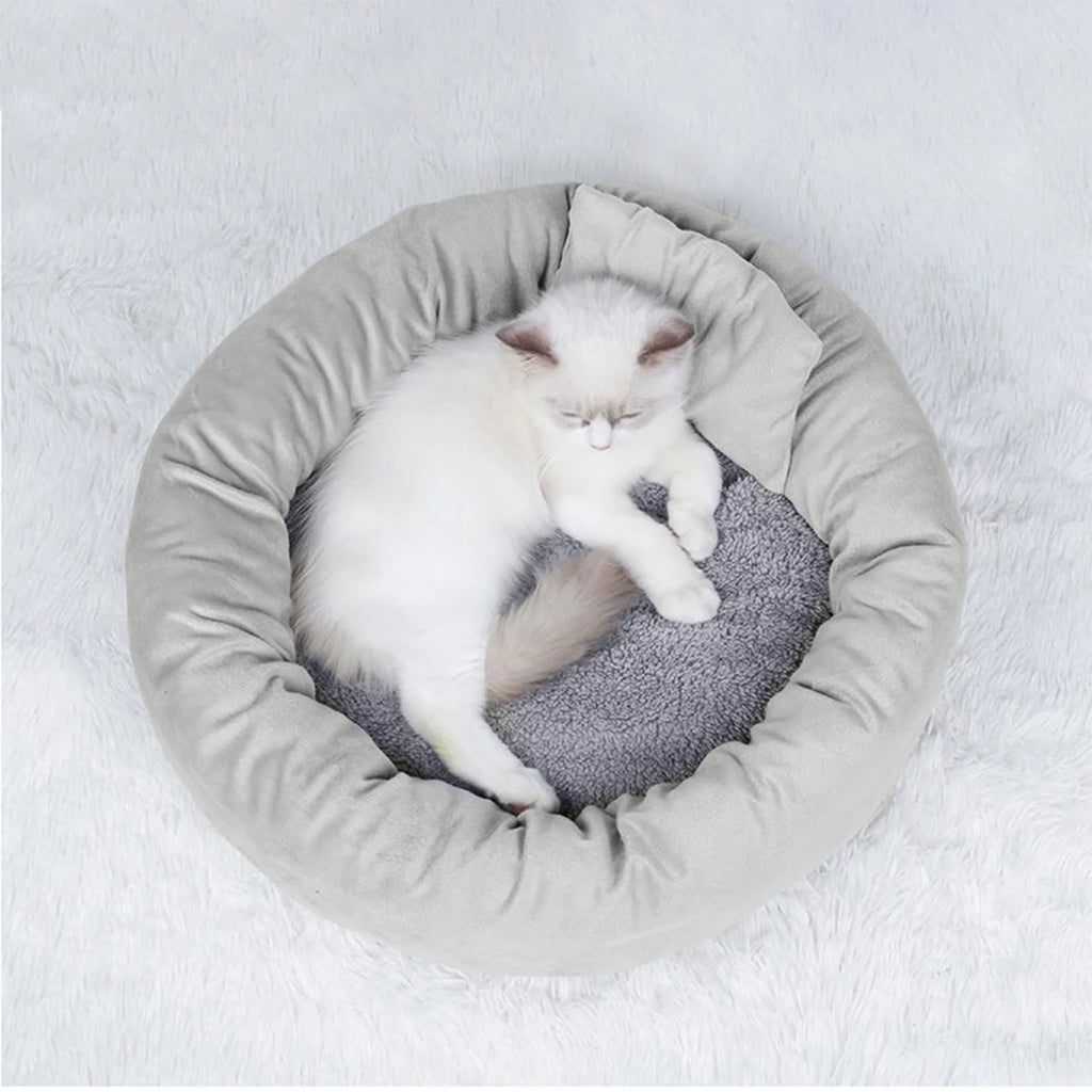 Calming Plush Pet Bed with Pillow for Small to Medium Dogs and Cats, Round Cozy Cuddler Bed, Washable Thickened Kennel Mat for Puppy Sleeping, Size S 40CM