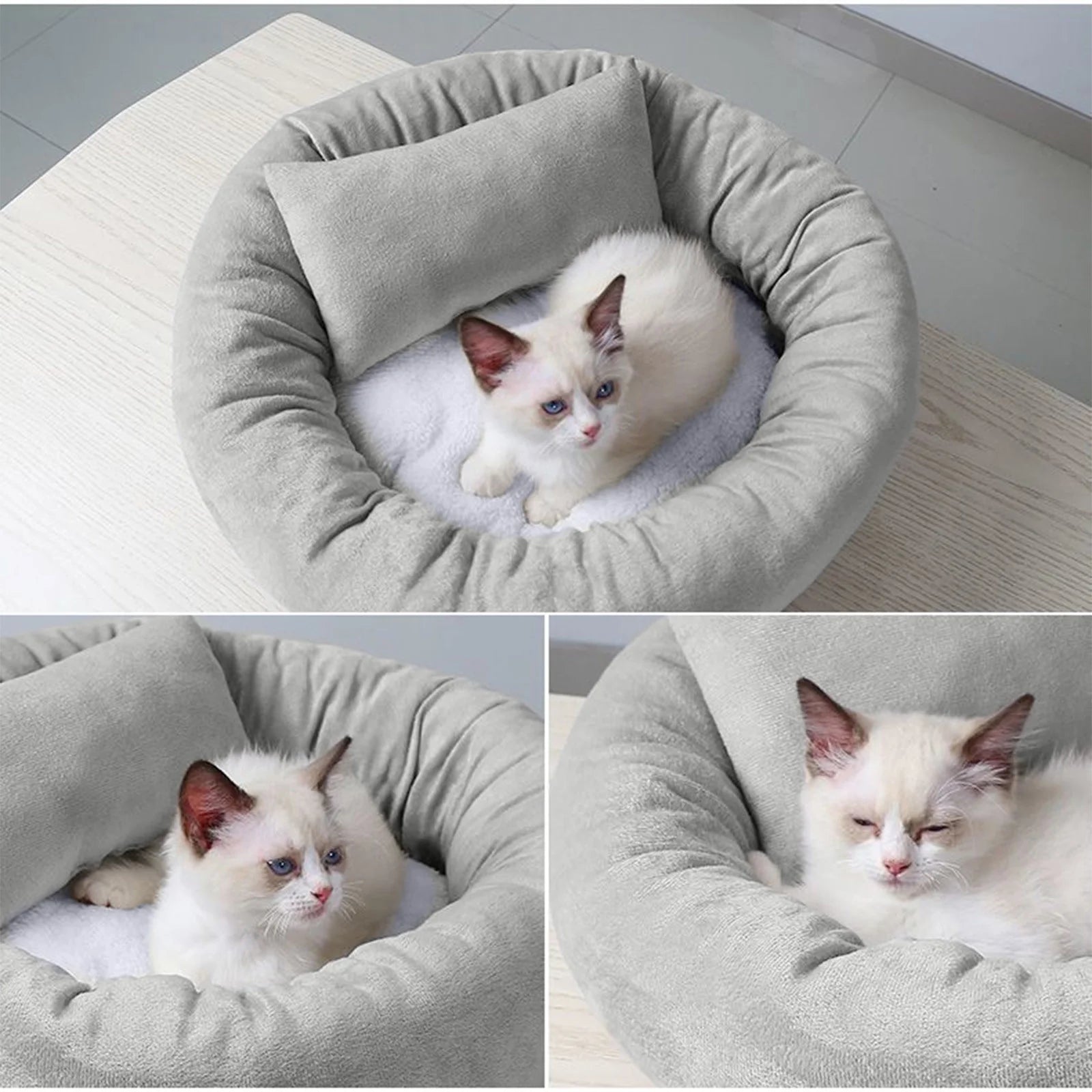 Calming Plush Pet Bed with Pillow for Small to Medium Dogs and Cats, Round Cozy Cuddler Bed, Washable Thickened Kennel Mat for Puppy Sleeping, Size S 40CM